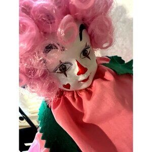 Vintage Porcelain Pink Clown Colorful Painted Face Blue 19"